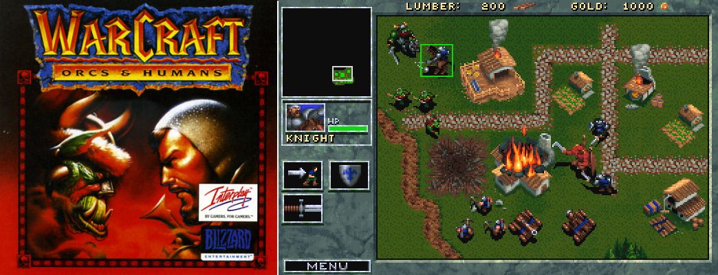 Couverture de Warcraft I (gauche) et gameplay (droite) – (1994) – Blizzard Entertainment